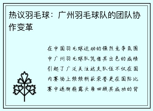 热议羽毛球：广州羽毛球队的团队协作变革