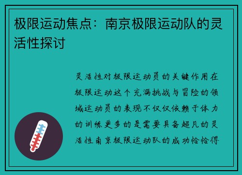 极限运动焦点：南京极限运动队的灵活性探讨