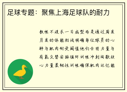 足球专题：聚焦上海足球队的耐力
