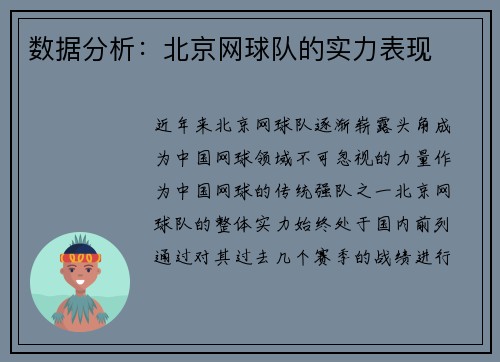 数据分析：北京网球队的实力表现